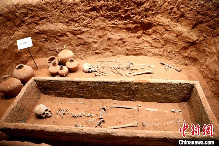 圖為河湟文化博物館復制展陳的墓葬及其彩陶陪葬品。　薛蒂 攝