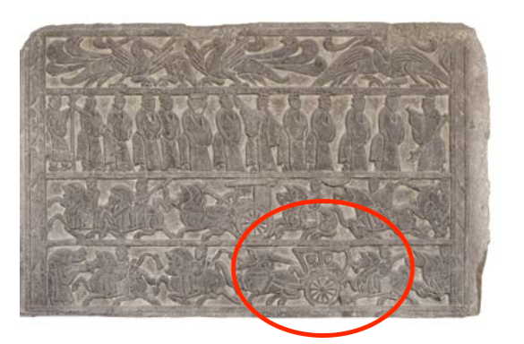 △漢代迎賓、車馬出行畫像石,現藏于臨沂市博物館。畫像石的第四層中有軺車出現。