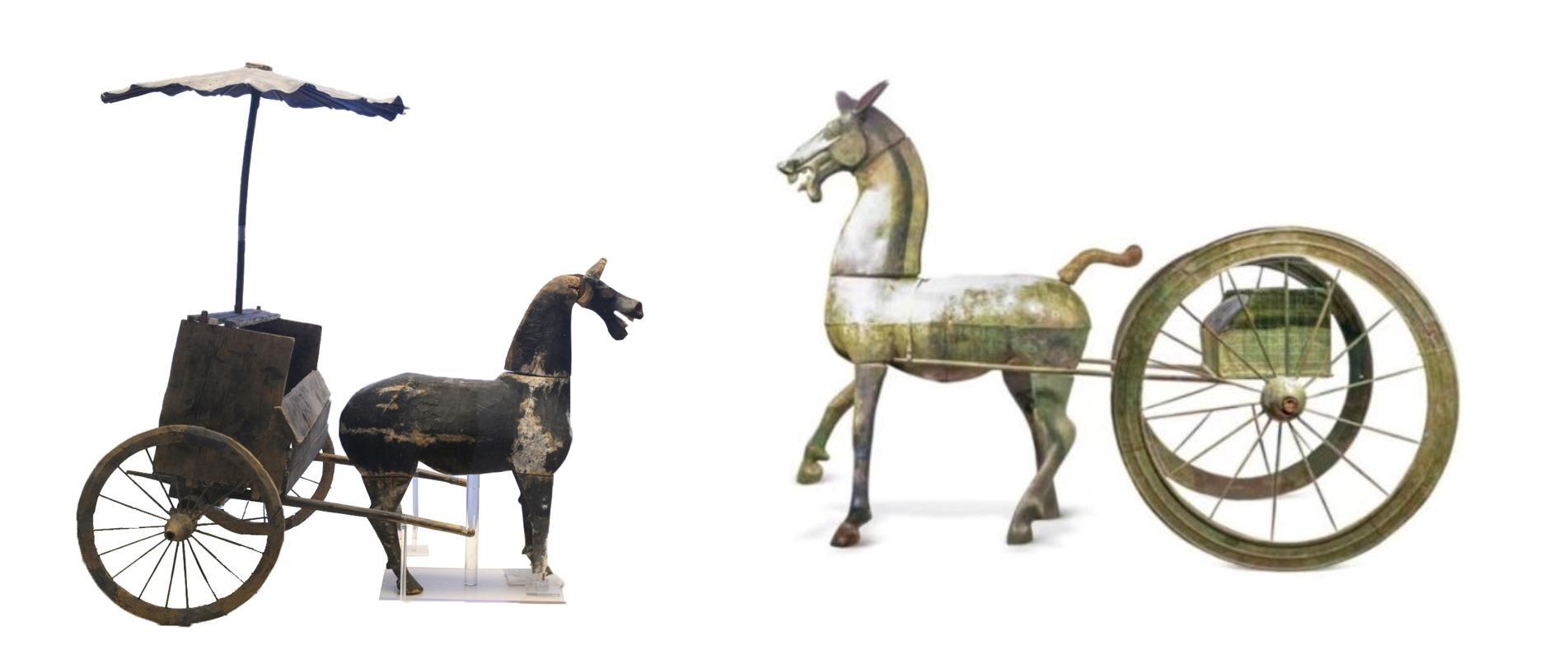 △左為漢代木軺車,藏于青海省博物館;右為東漢銅車馬,藏于黔西南州博物館。